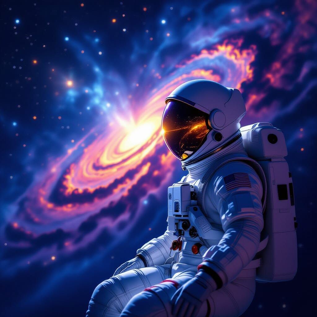 Astronaut Adrift Gazing at Swirling Nebula