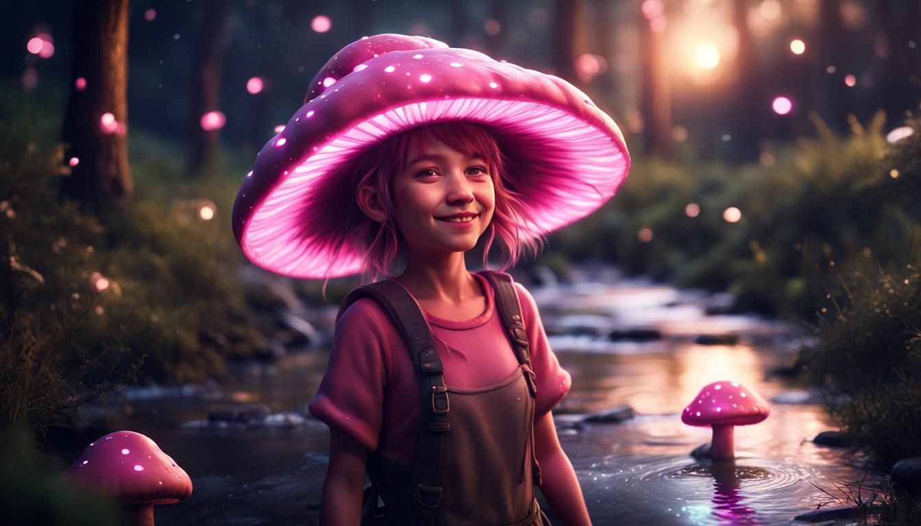 Girl in Mushroom Hat by Stream, Fantasy Art