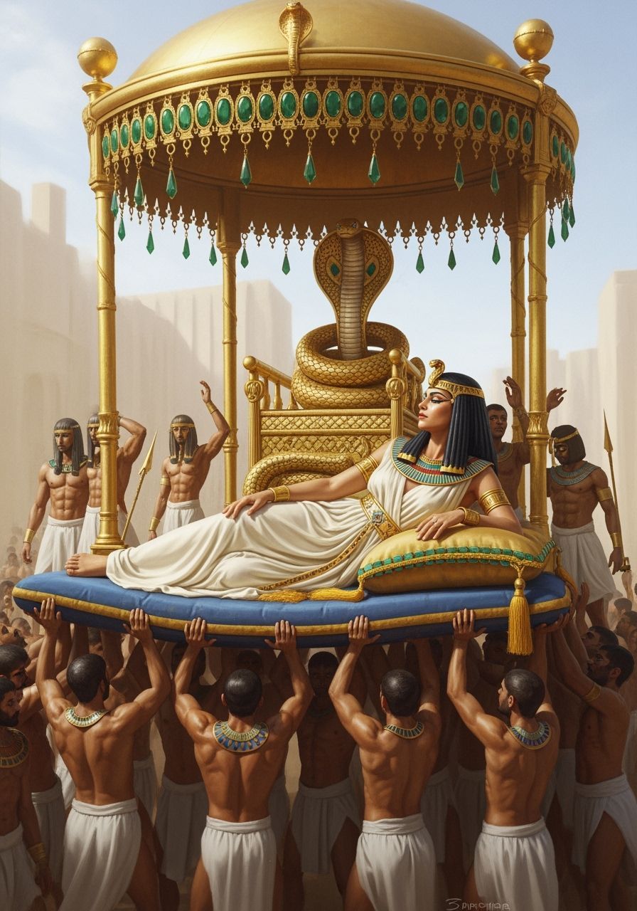 Egyptian Queen on Golden Throne in Futuristic Style