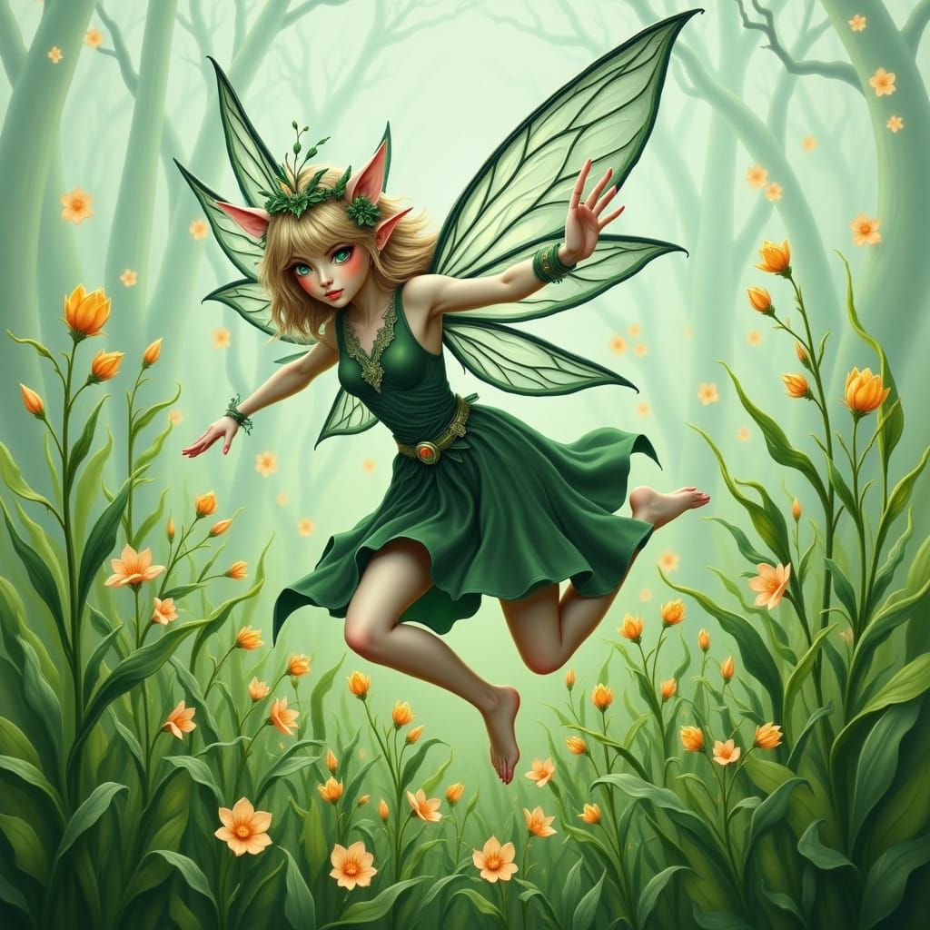 Fairy Elf Barefoot in Green Grass