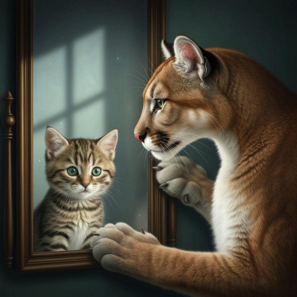 Cougar Sees Kitten Reflection in Ornate Mirror
