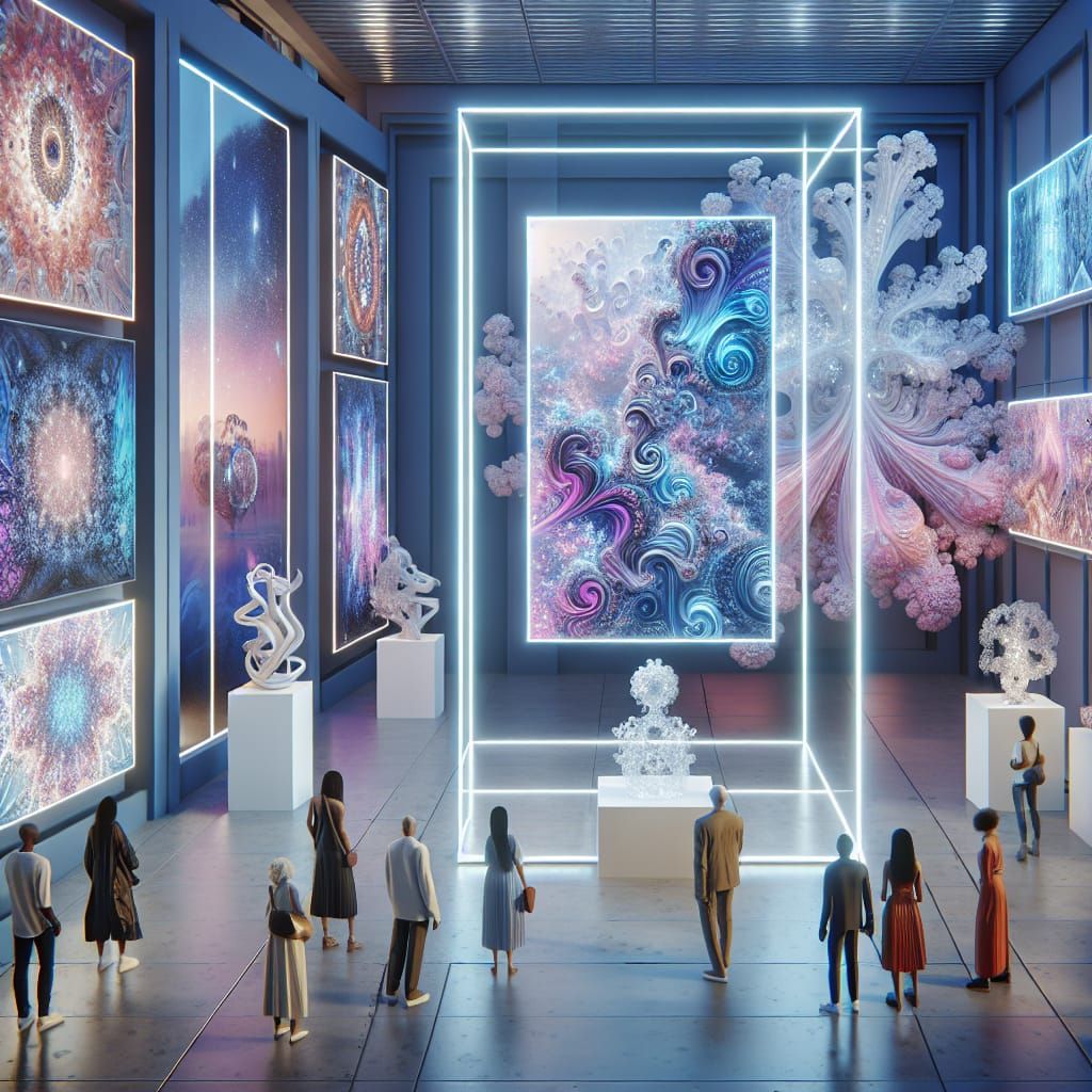 Futuristic AI Art Gallery with Ethereal Artwork