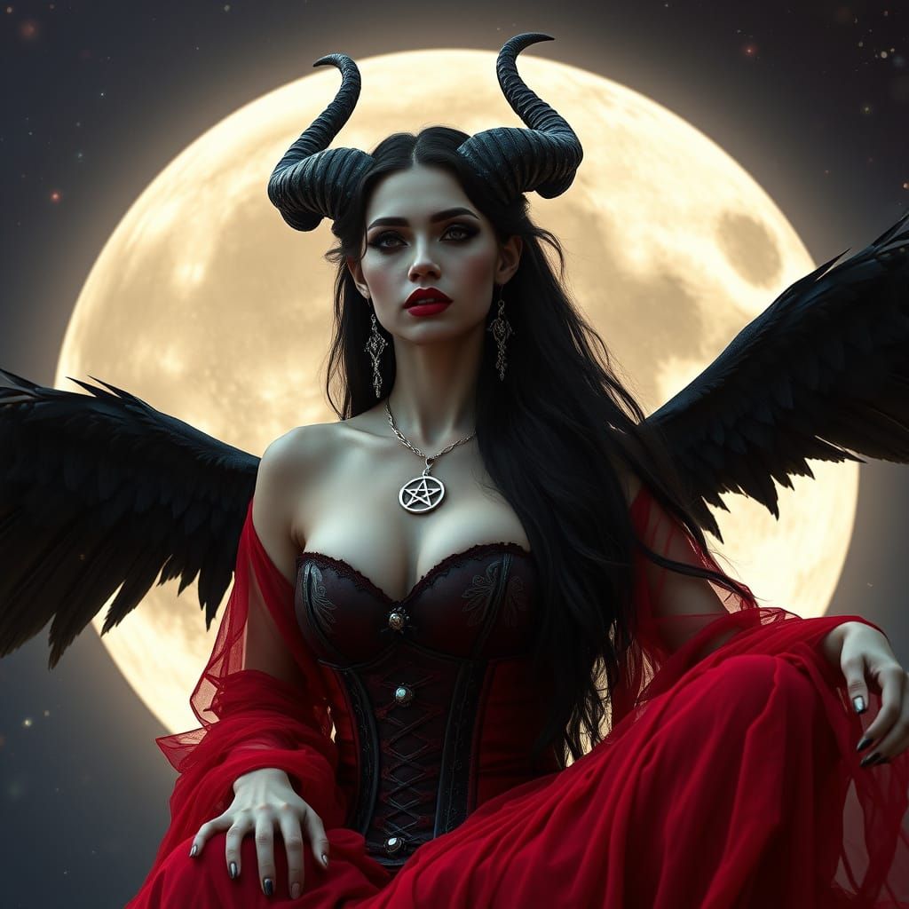Goddess with Black Wings on Cosmic Moon