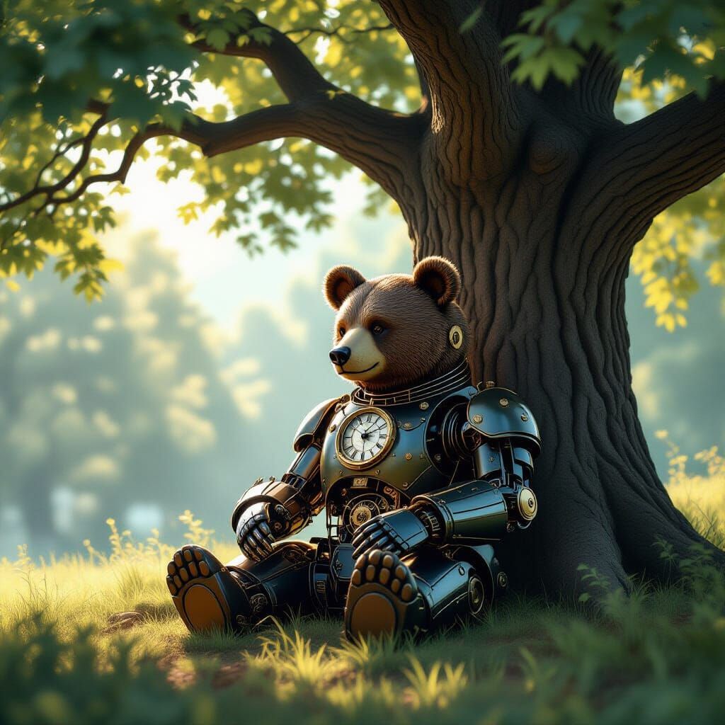 Mechanical Bear Under Oak Tree in Photorealistic Style