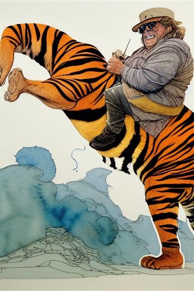 Danny DeVito Rides a Tiger in Watercolor Style