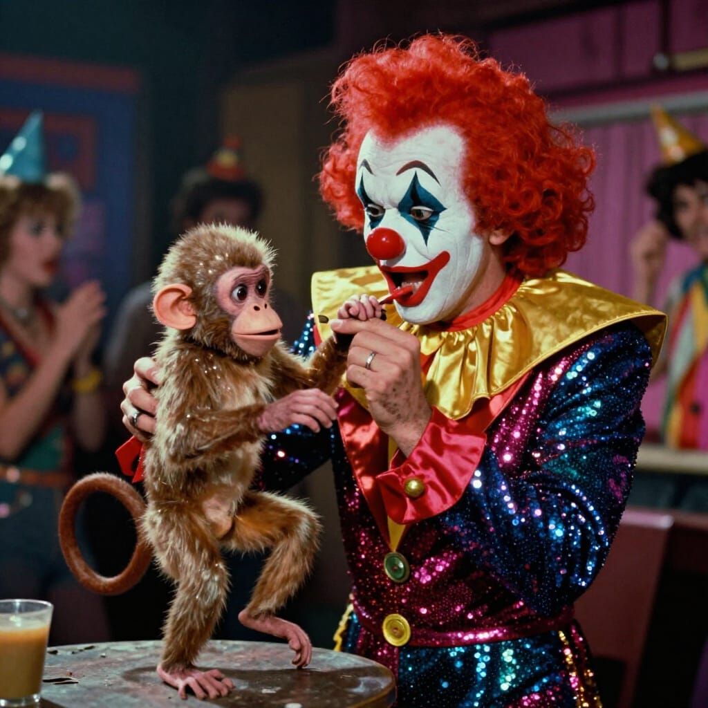 Retrofuturistic Clown Ritual With Pickpocket Monkey