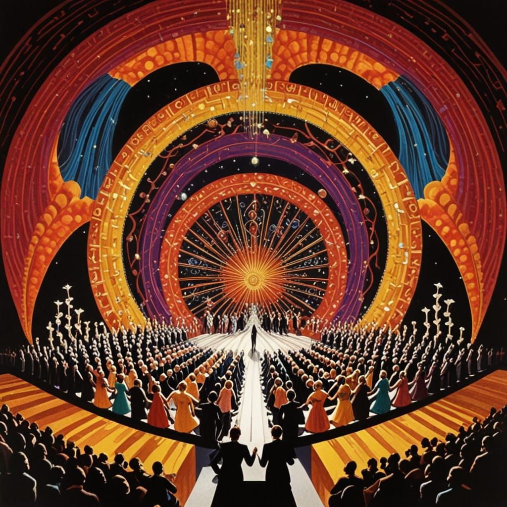 Vibrant 1930s Cinematic Spectacle in Triadic Colors