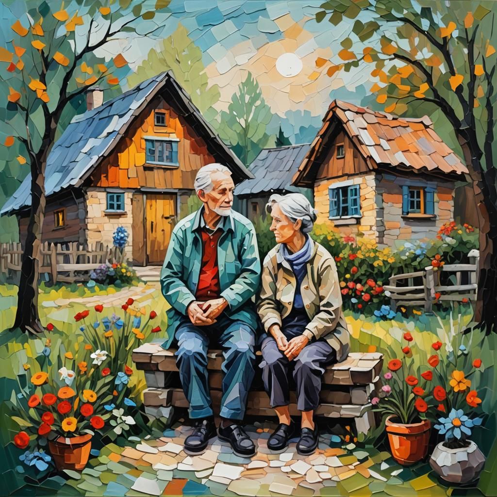 Old Couple in Garden: Impasto Painting