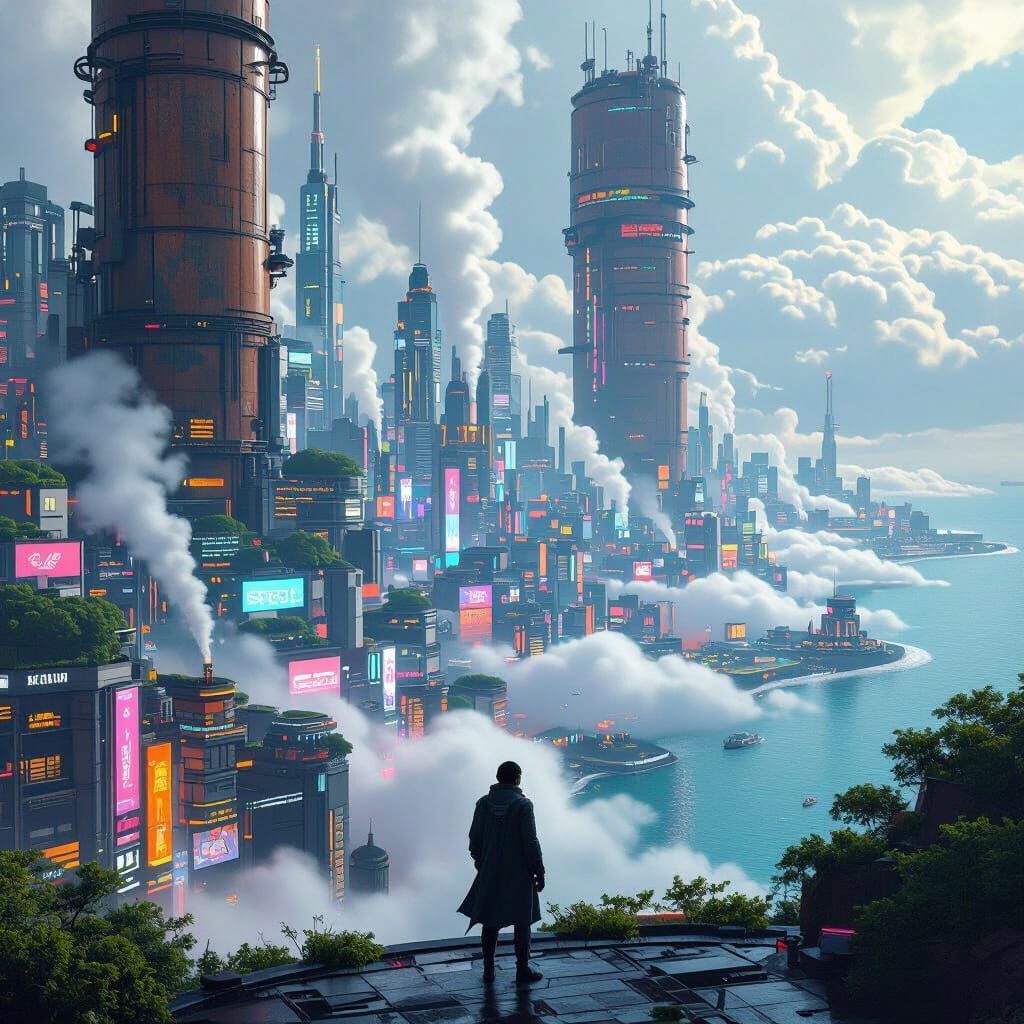 Cyberpunk Cityscape with Neon Lights and Tower