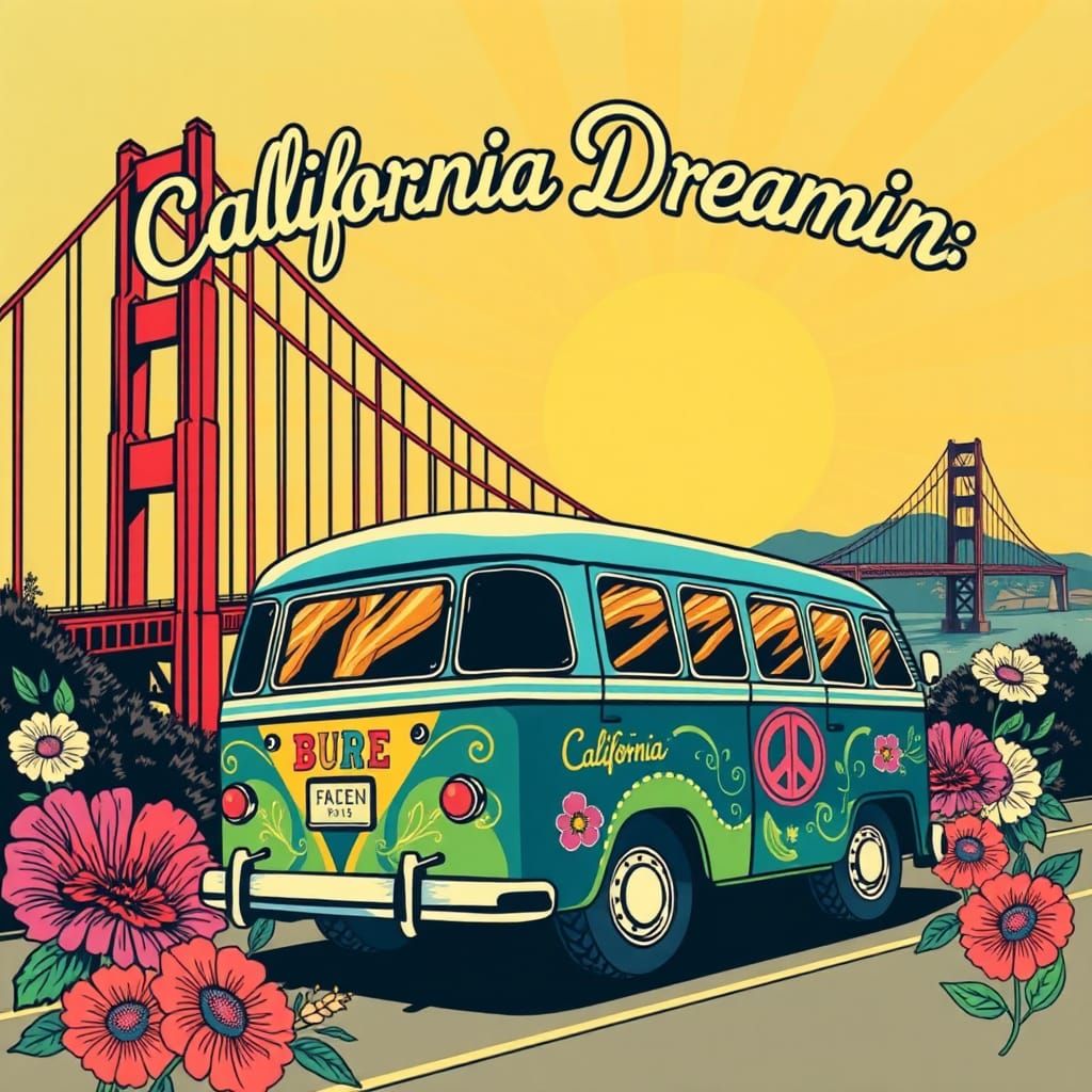 Golden Gate Bridge in Hippie Floral Style