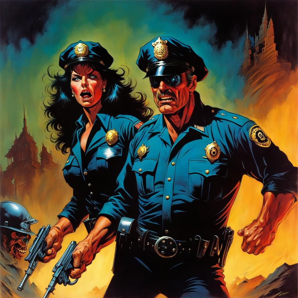 Scary Cop in 80s Horror Comic Style