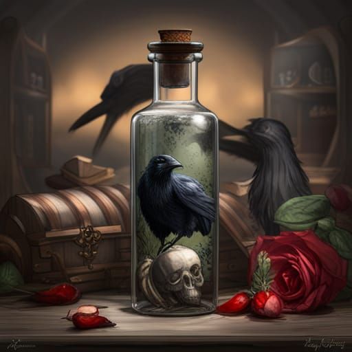 Raven and Skull in Apothecary Bottle, Impasto Style