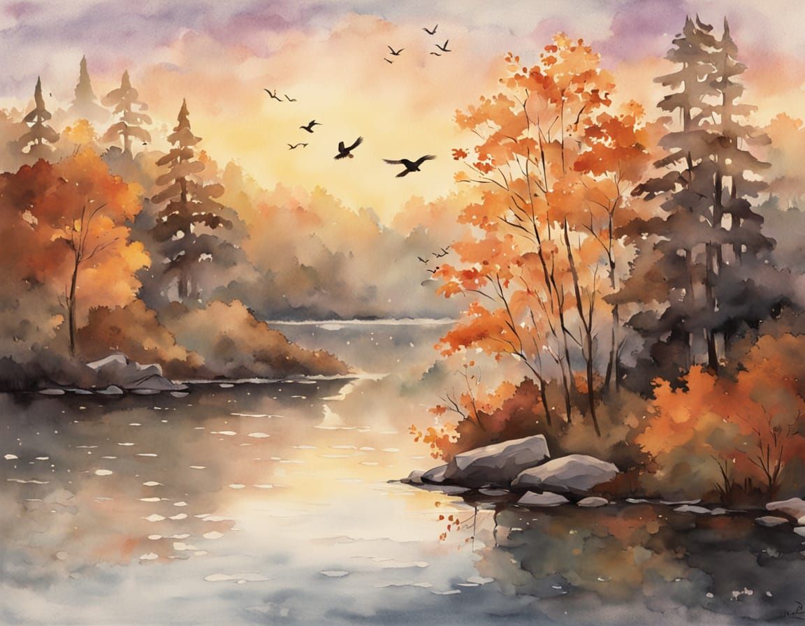 Serene Lakeside Sunset with Wildflowers and Mist