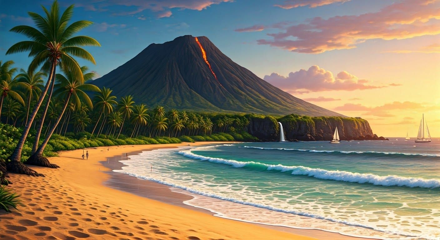 Active Volcano Overlooking Hawaiian Beach Sunset