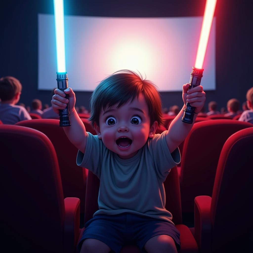 Enthusiastic Child with Lightsaber in Theater