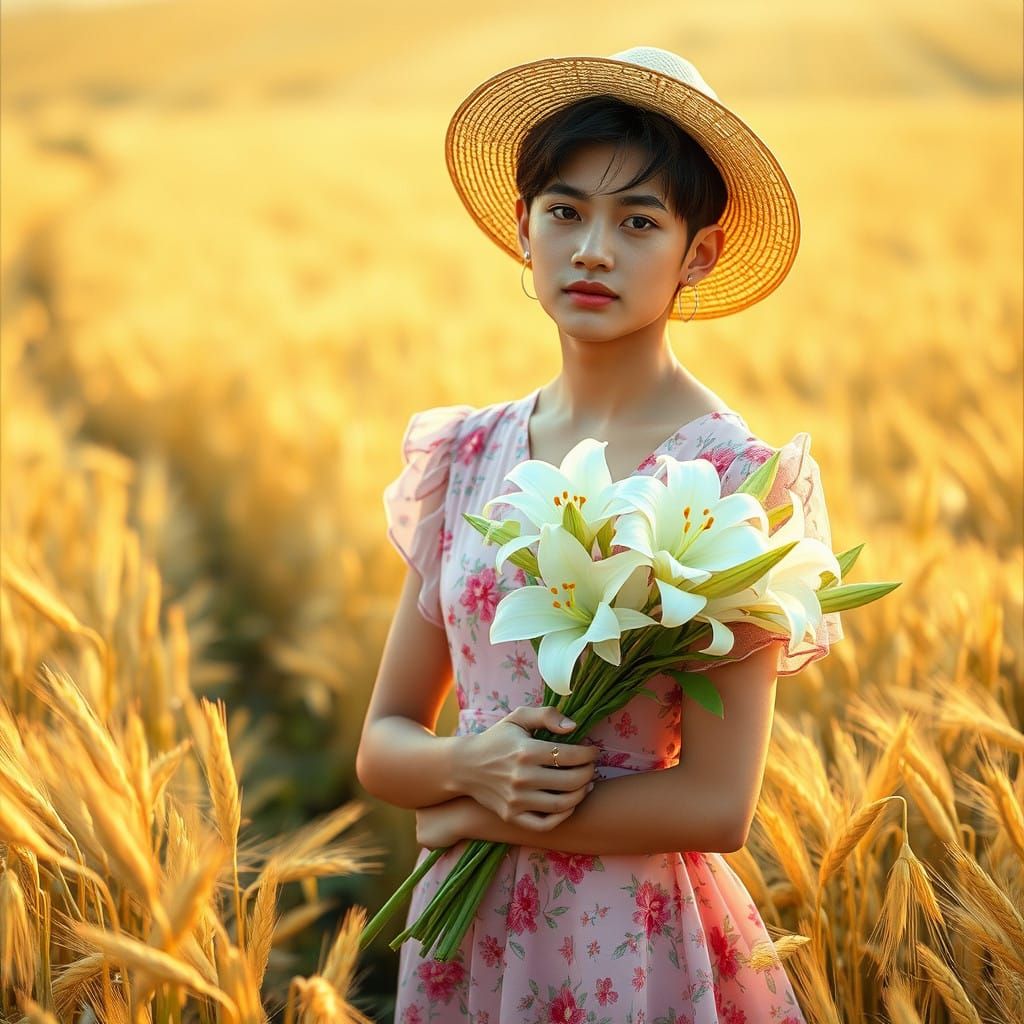Elegant Youth Poses in Floral Dress Amidst Golden Wheat Fiel...