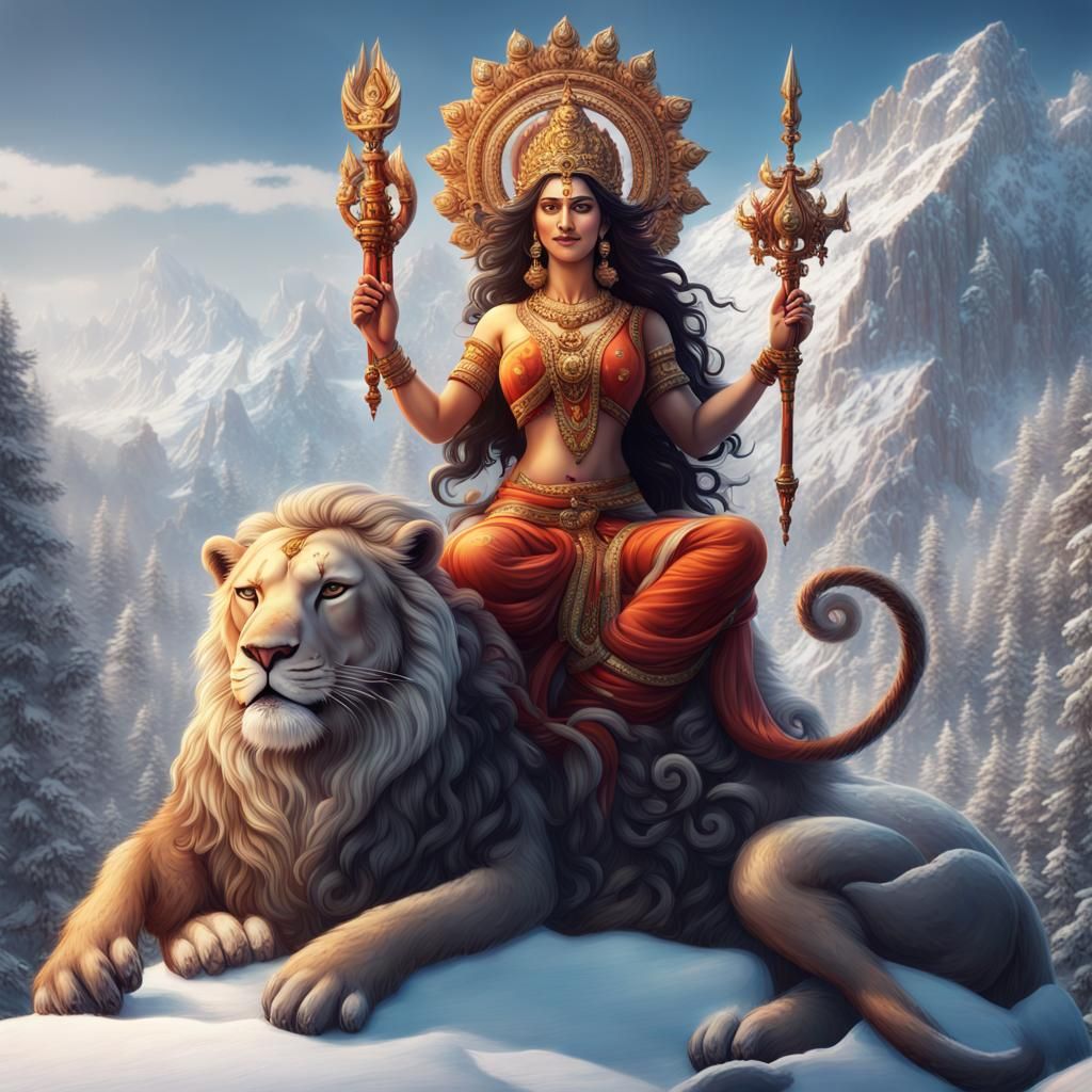 Goddess Durga on Lion in Enchanted Mountains