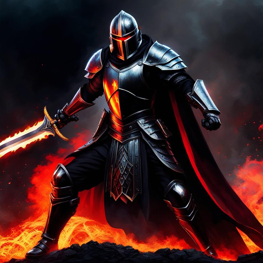 Furious Paladin in Black Armor with Flaming Sword