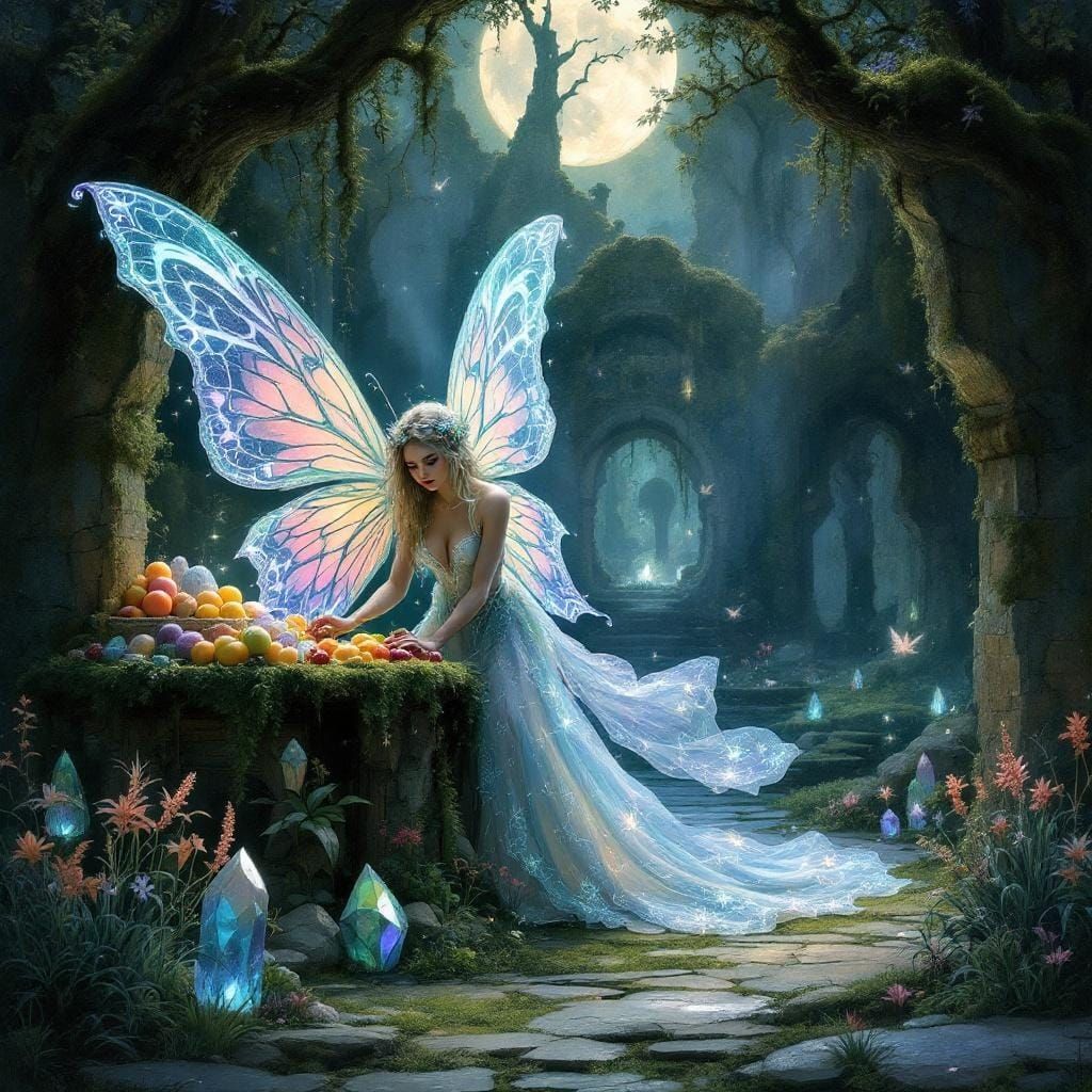 Ethereal Fairy With Glowing Stall, Detailed Linework Style