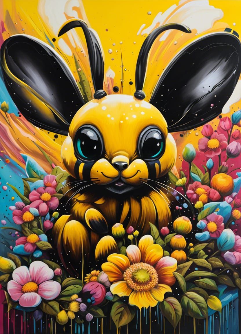 Rabbit Bee on Flower in Graffiti Art Style