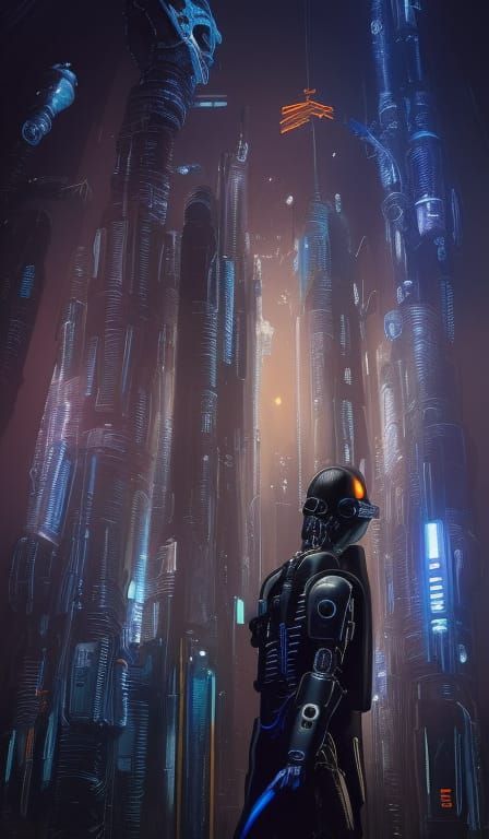 Cyberpunk Figure with Wires and Computer Screens