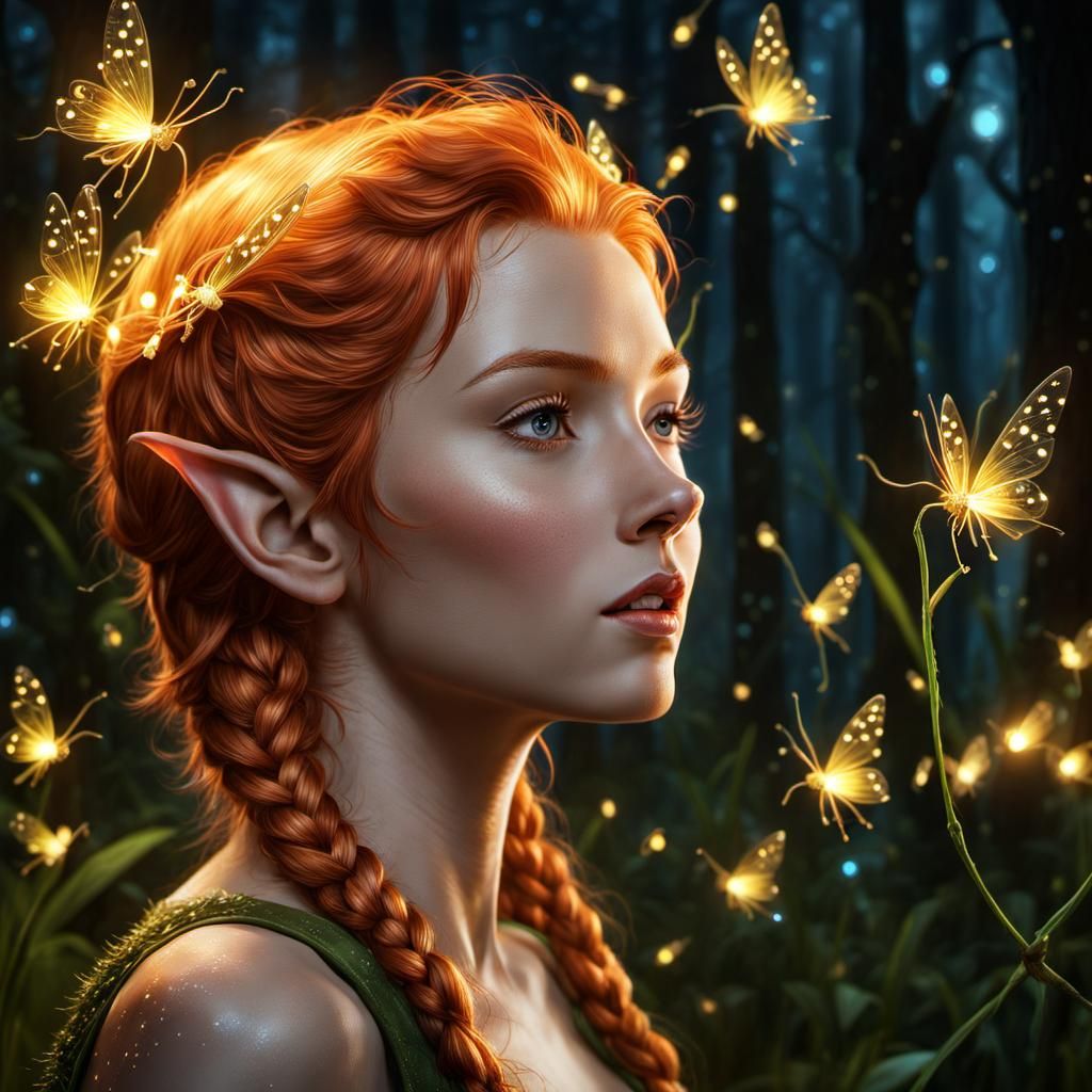 Ginger Elf Dances with Fireflies in the Night