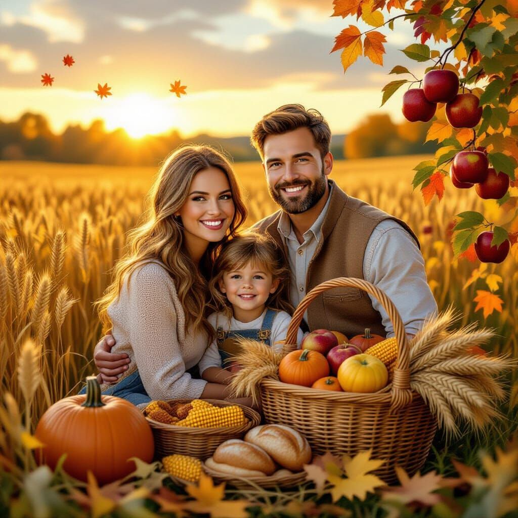 Family Portrait in Sunlit Autumn Harvest Scene