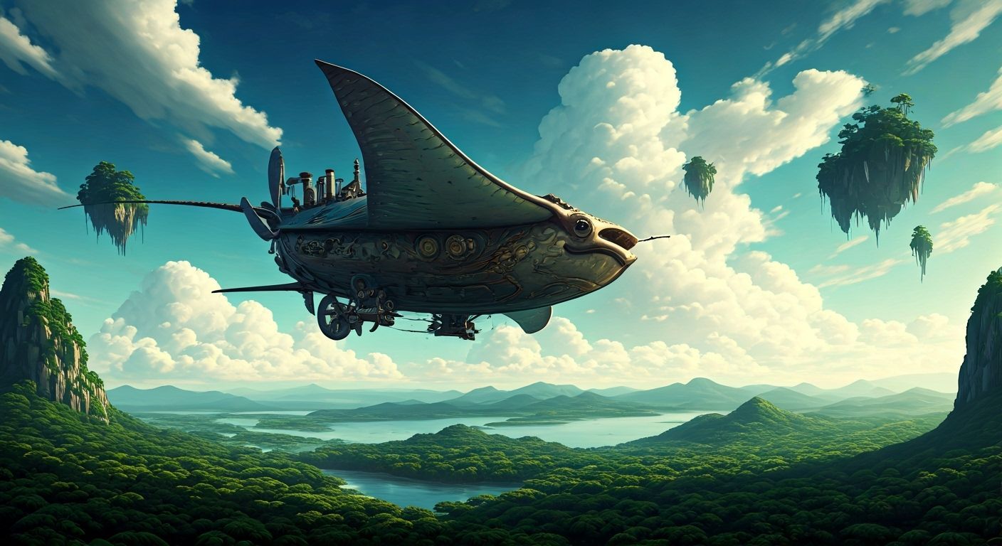 Steampunk Manta Ray Airship Soaring Through Fantasy Sky