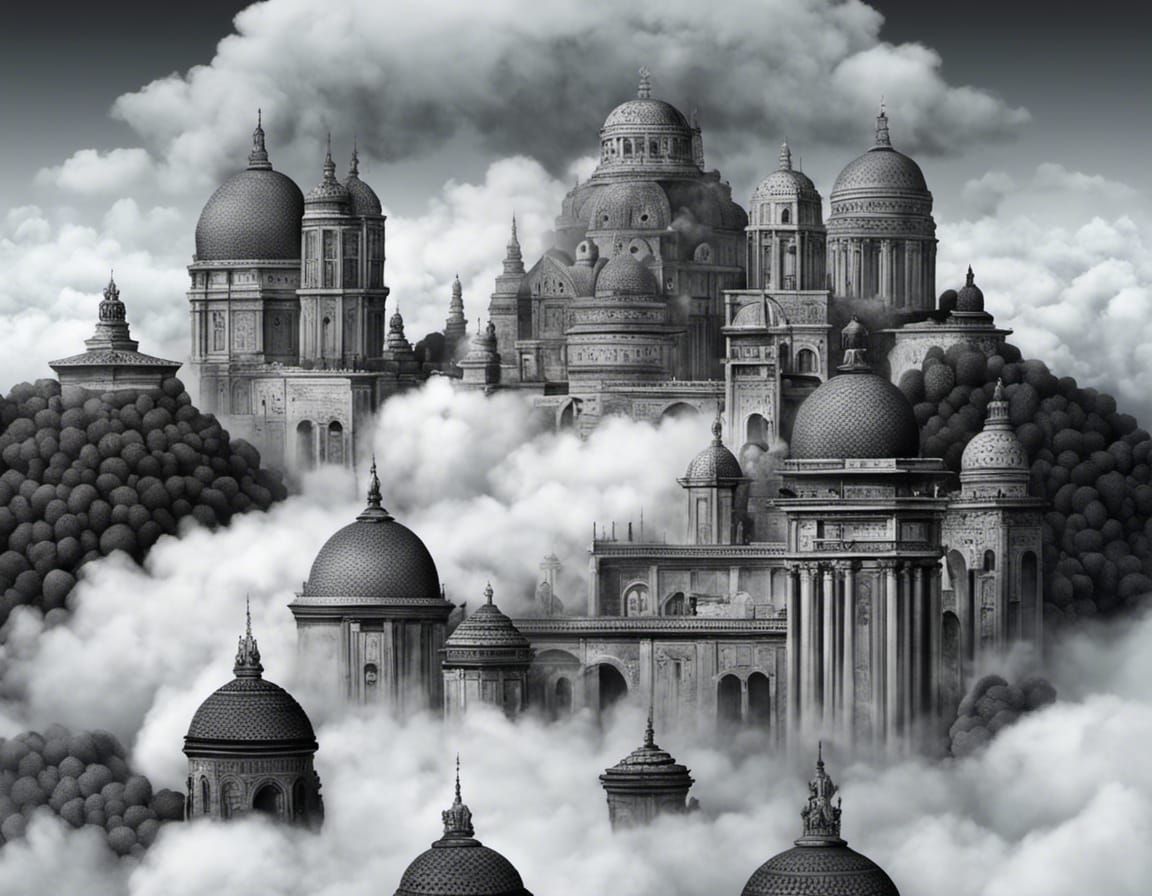 Ancient City in Clouds: Baroque Art Brut Illustration