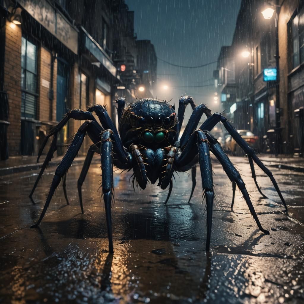Giant Spider in Rainy City Alleyway
