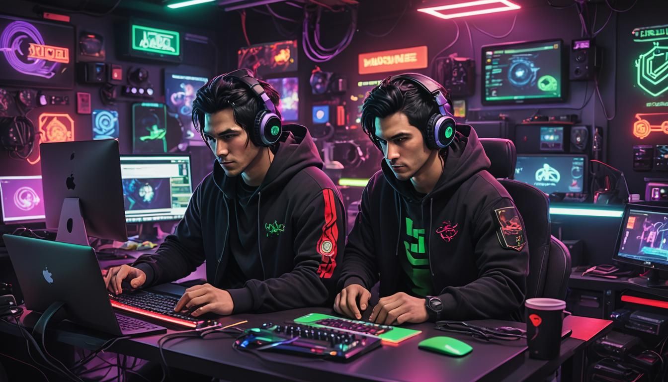 Cyberpunk YouTuber at Computer Desk With Neon Lights