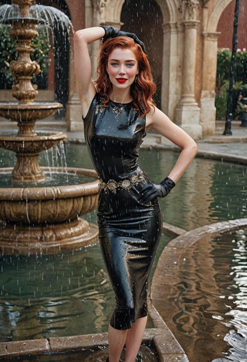 Glamorous Woman in Fountain with Wet Auburn Hair