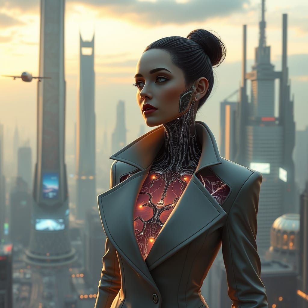 Elegant Android Woman in Futuristic Metropolis at Dawn