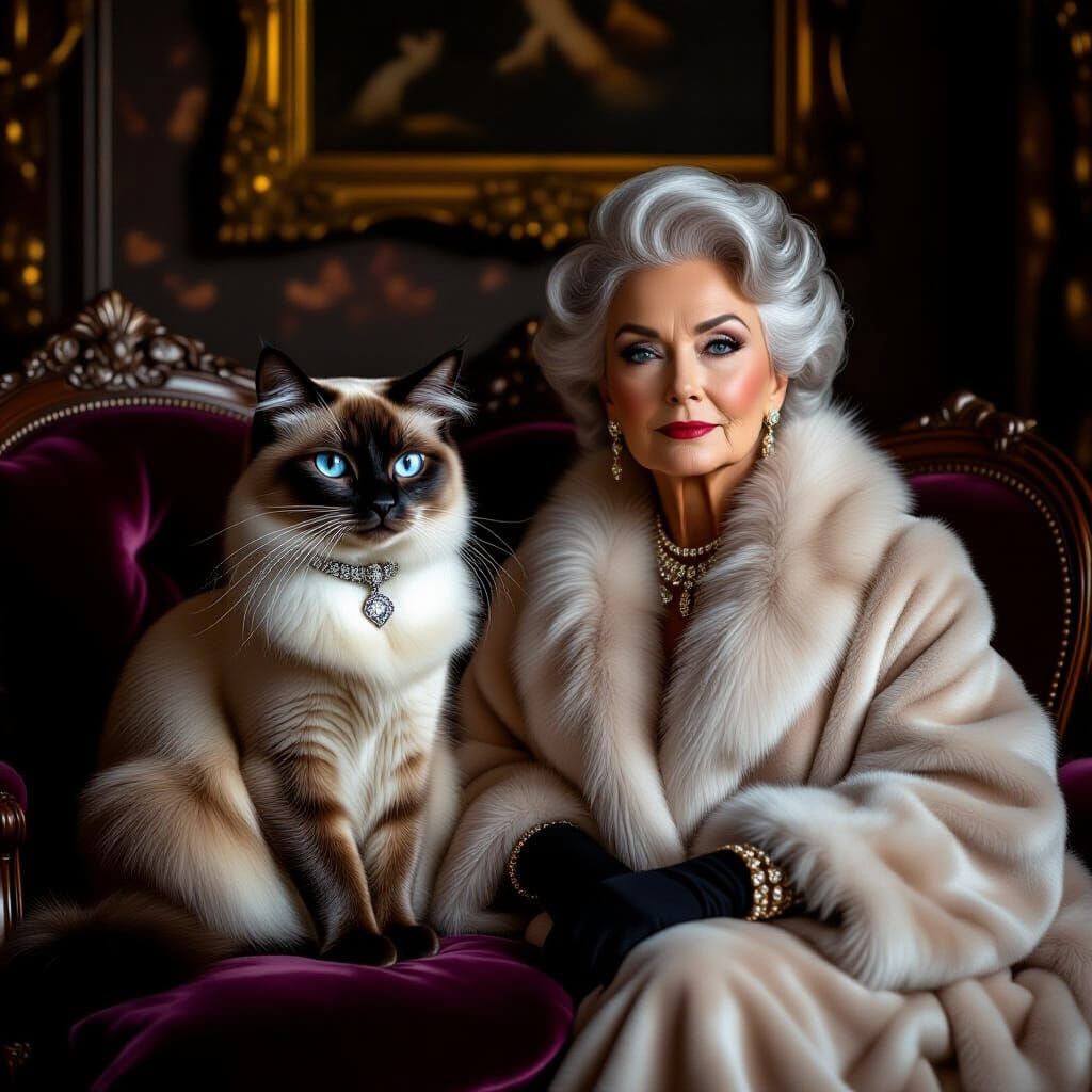 Siamese Cat and Elegant Woman in Opulent Drawing-Room