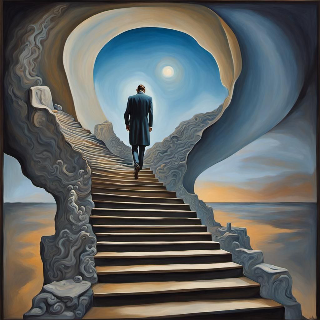 Surreal Ghostly Figure on Stairs in Dali Style