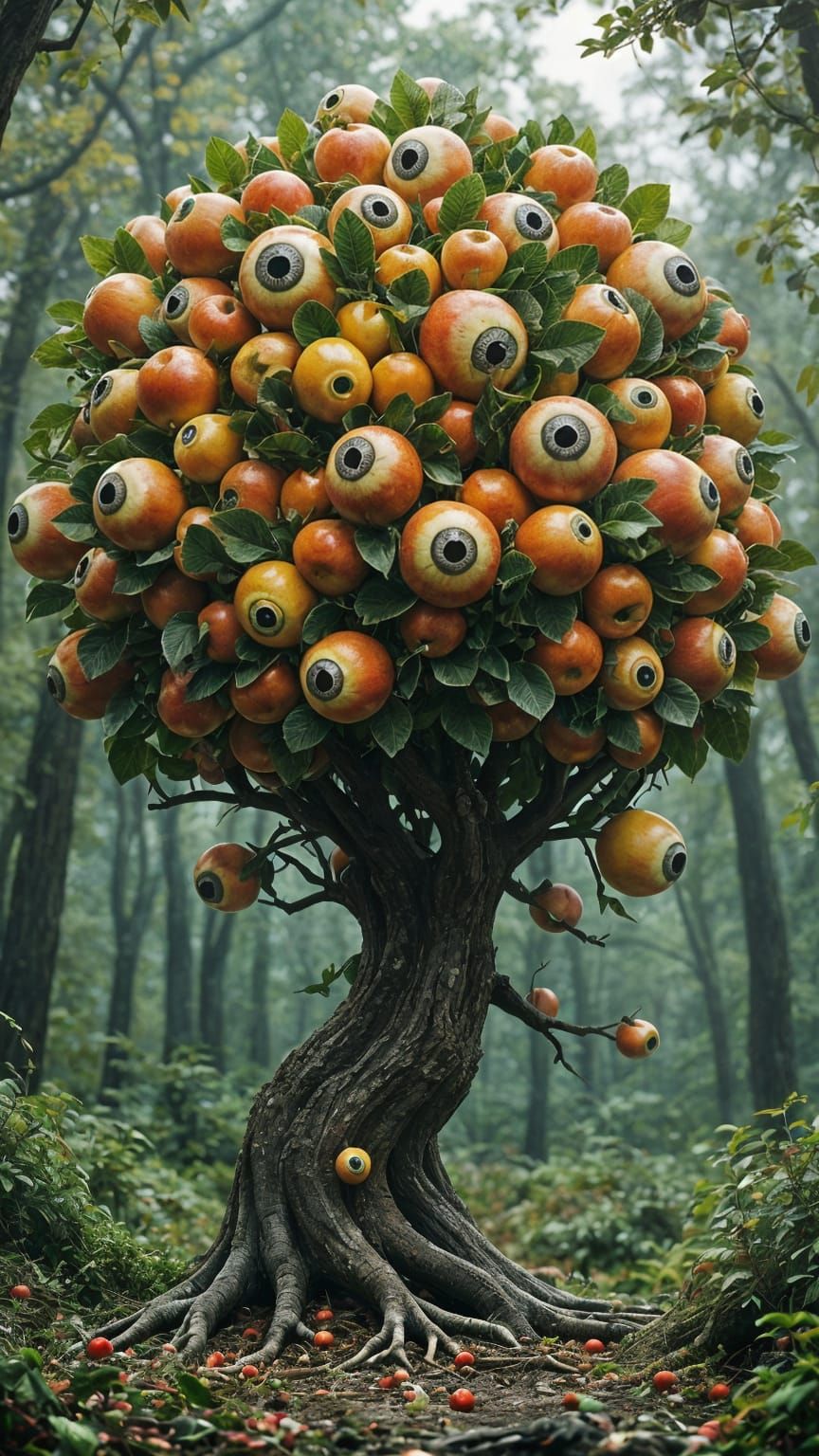 Surreal Eyeball Apple Tree in Sci-Fi Style