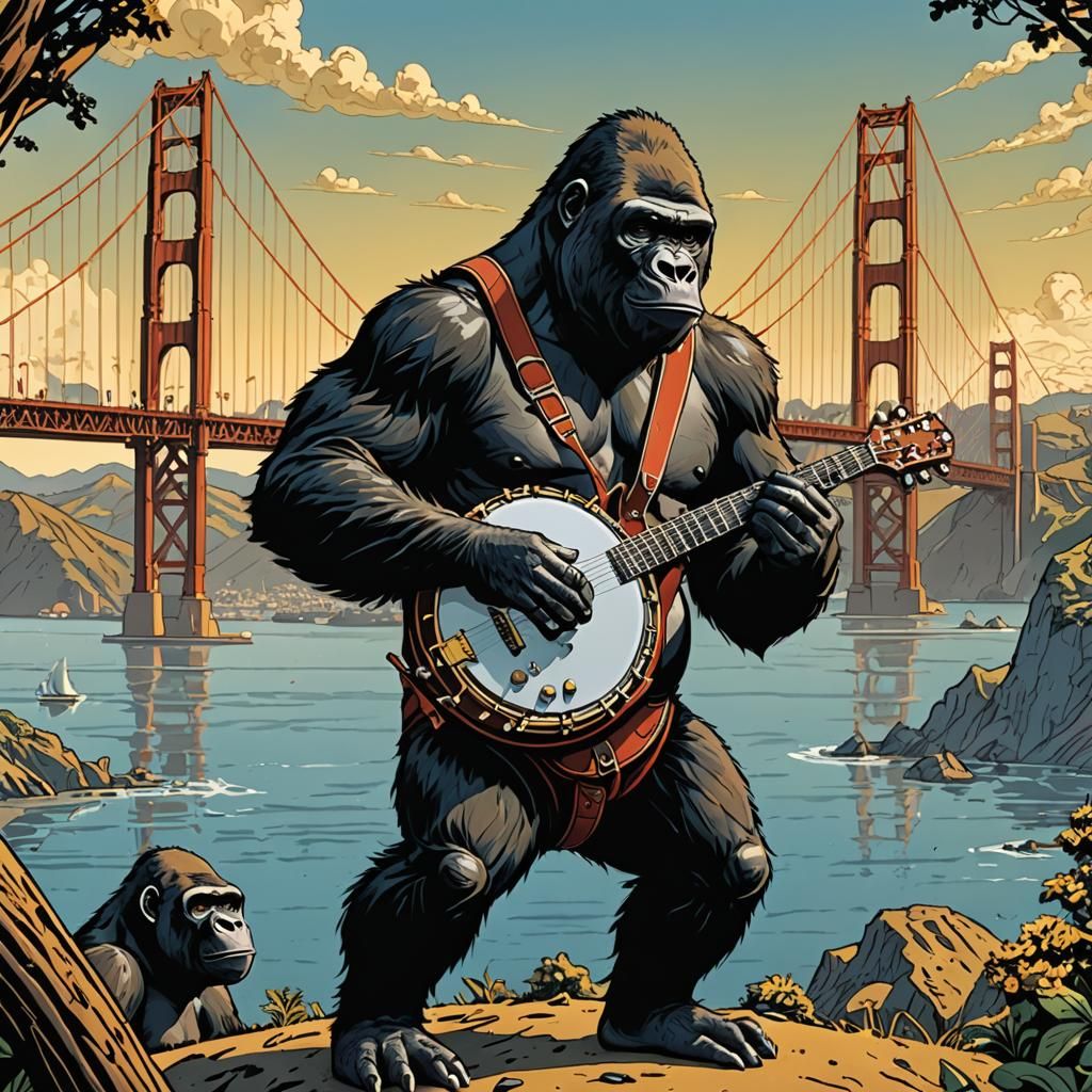 Gorilla Plays Banjo Near Golden Gate Bridge