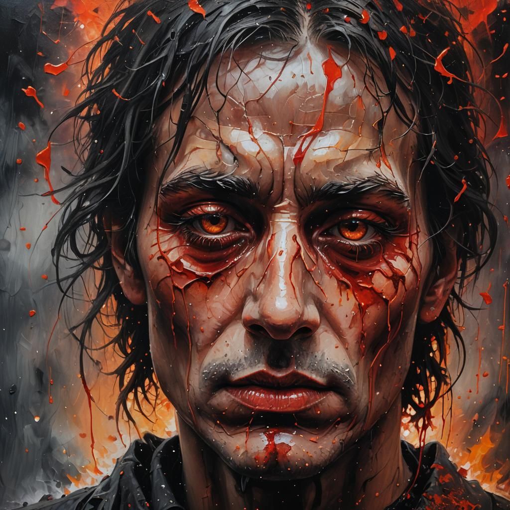 Surreal Face Crying Red Tears in Oil Painting