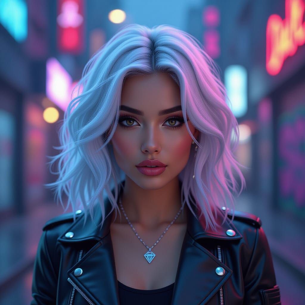 Latina Woman With Geometric White Hair in Neon City