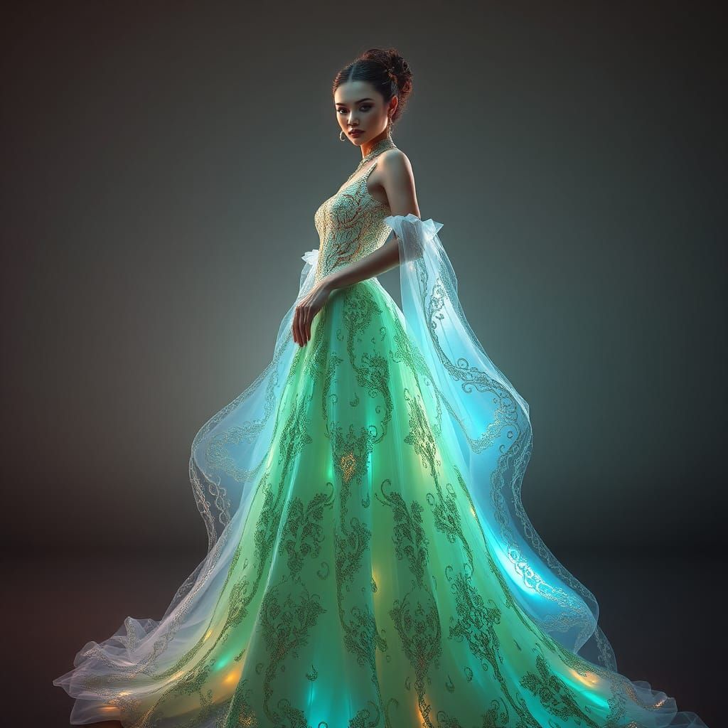 Bioluminescent Gown Portrait in Art Nouveau Style
