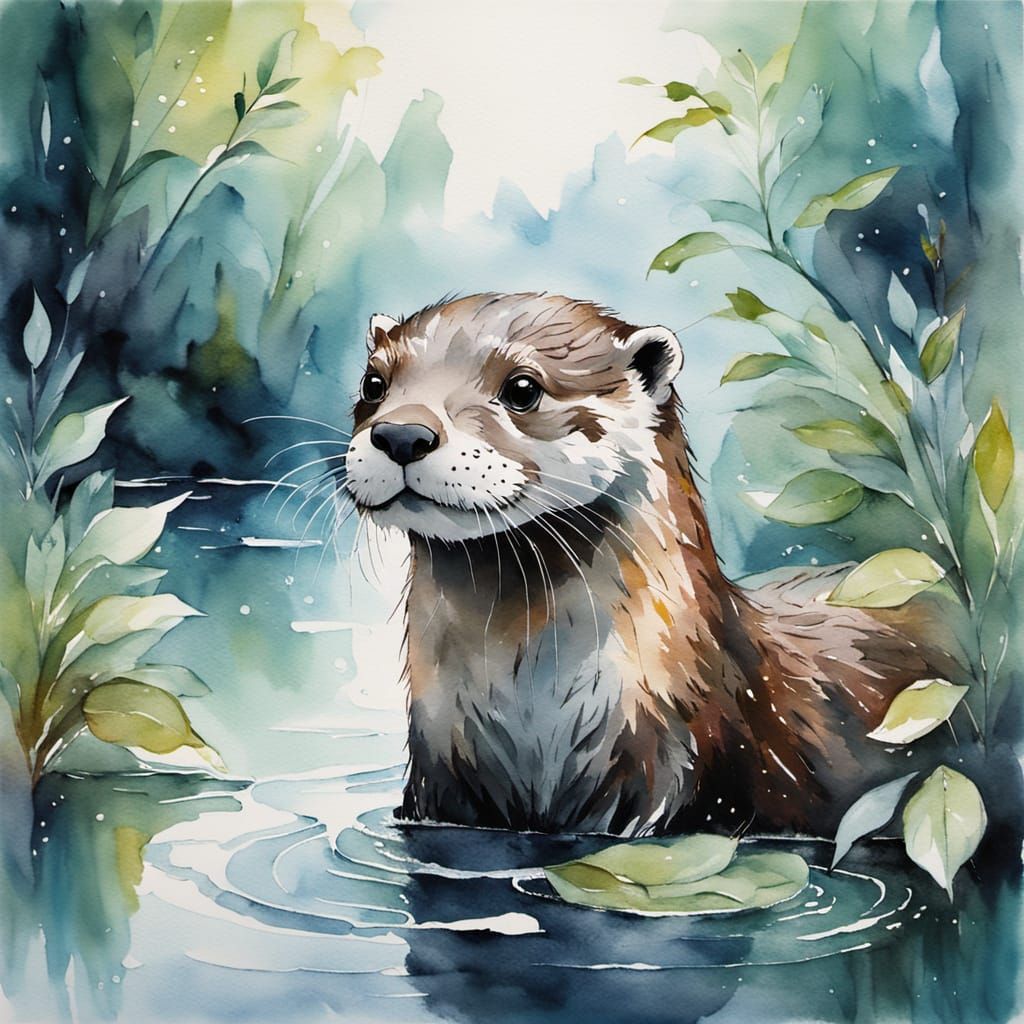 Whimsical Watercolor Otter in Lush Forest