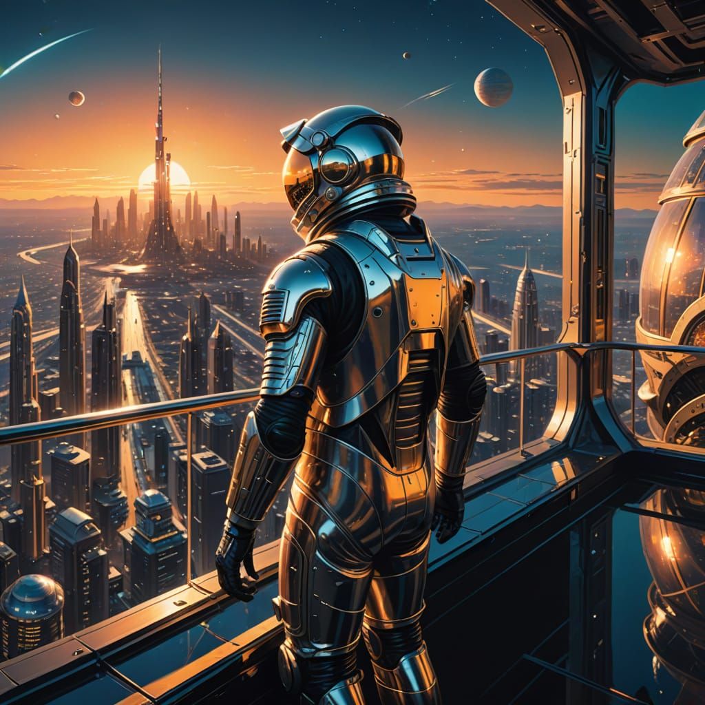Astronaut Gazing at Alien Metropolis in Art Deco Style