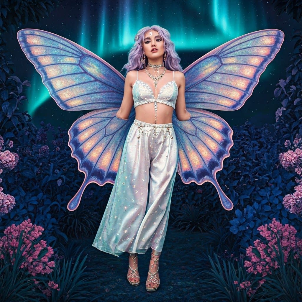 Whimsical Celestial Goddess in Iridescent Attire, Moonlit Ga...