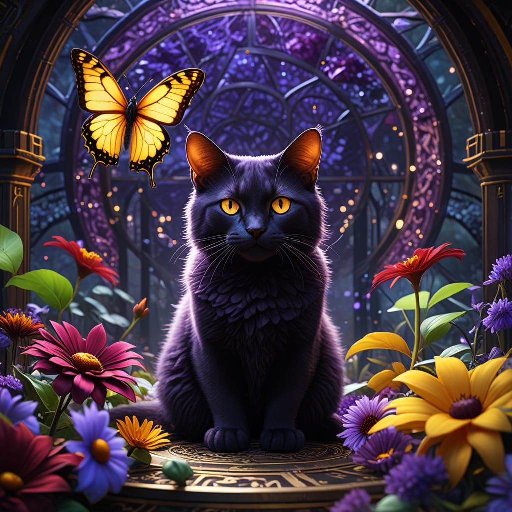 Mystical Cats in a Star-Shaped Mandala of Vibrant Flowers