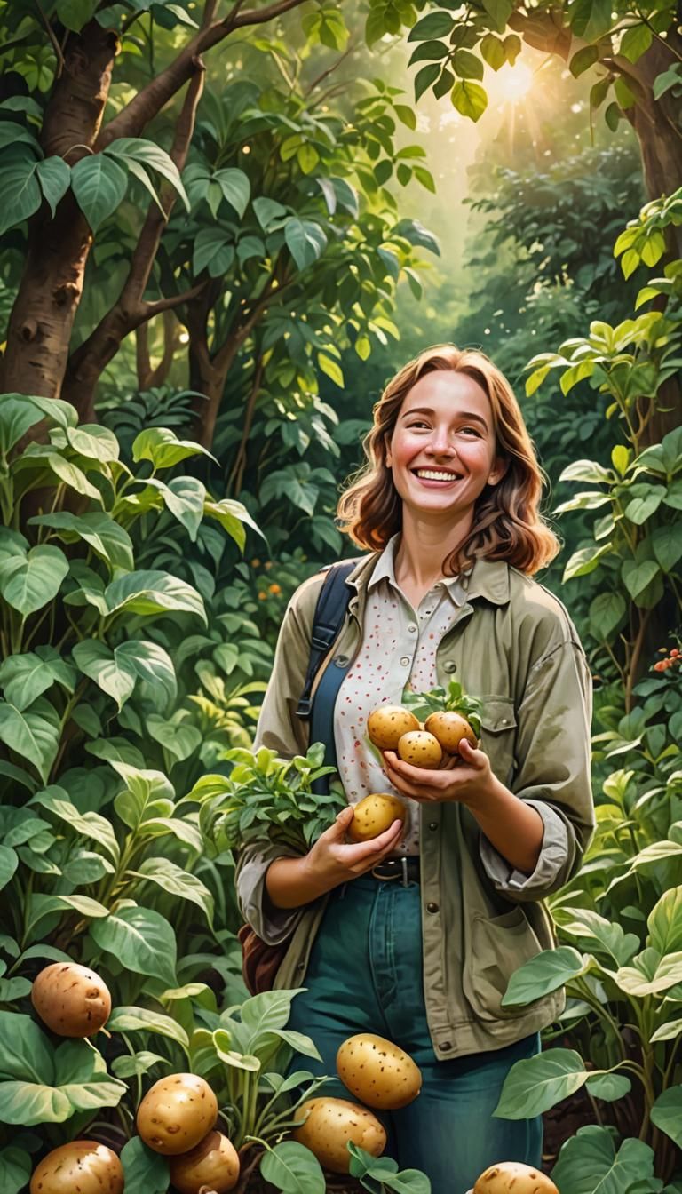 Woman in Garden Holding Potato: Digital Illustration