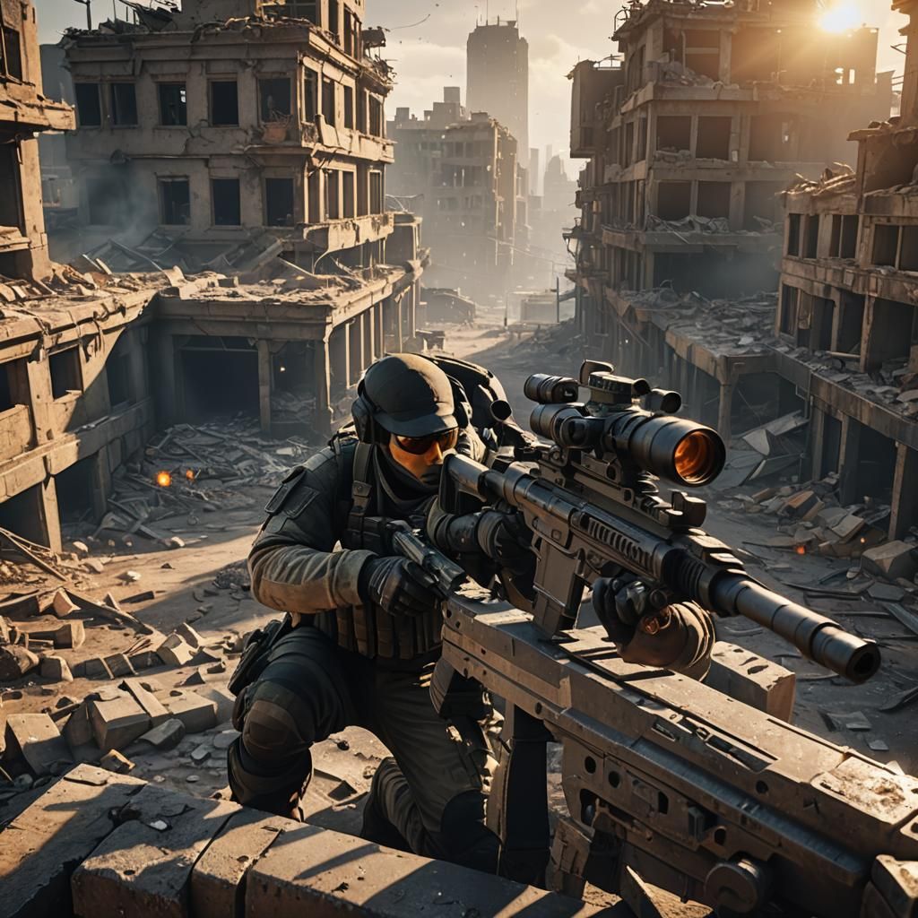 Sniper in Dystopian Cityscape: 3D Video Game Art