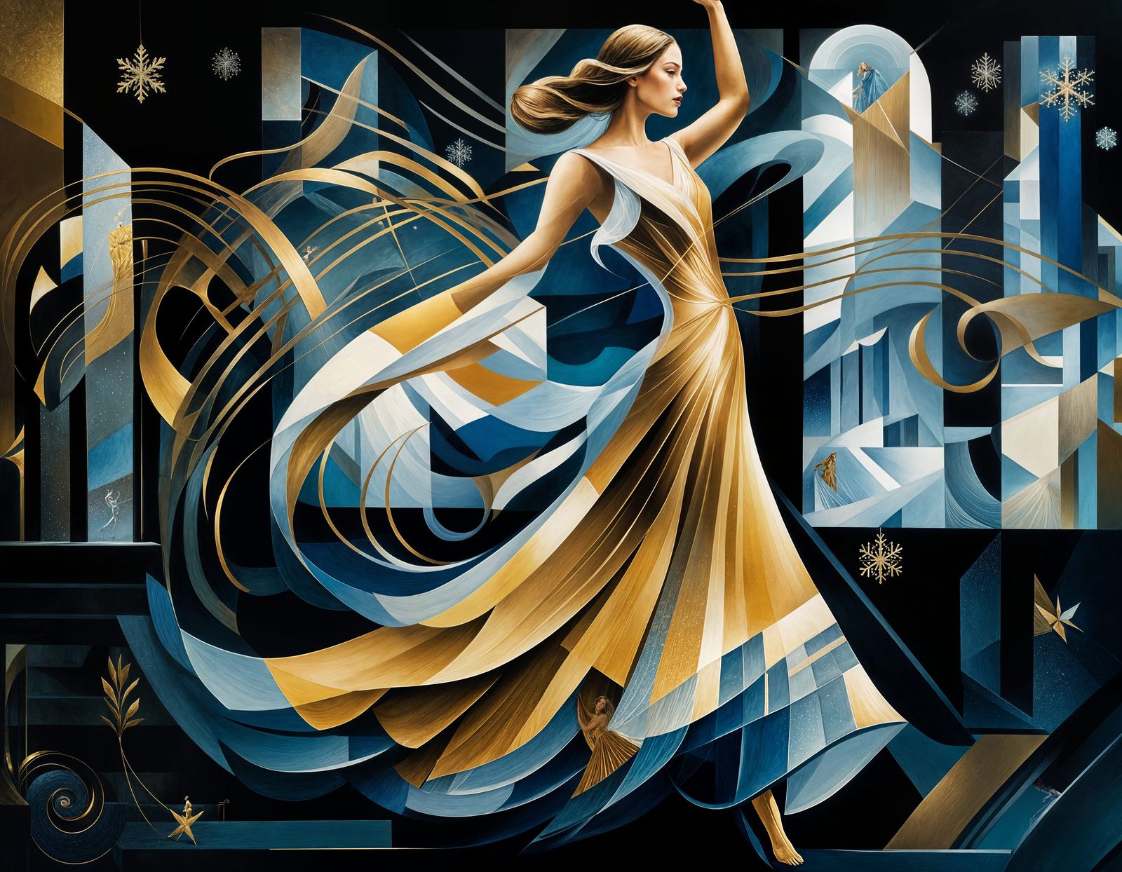 Magical Winter Scene with Dancing Woman in Cubist Style