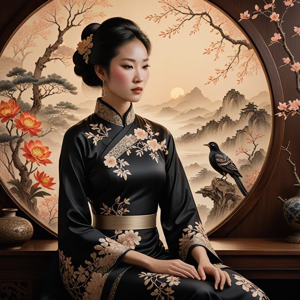 Ethereal Chinese Watercolor Portrait in Intricately Embroide...