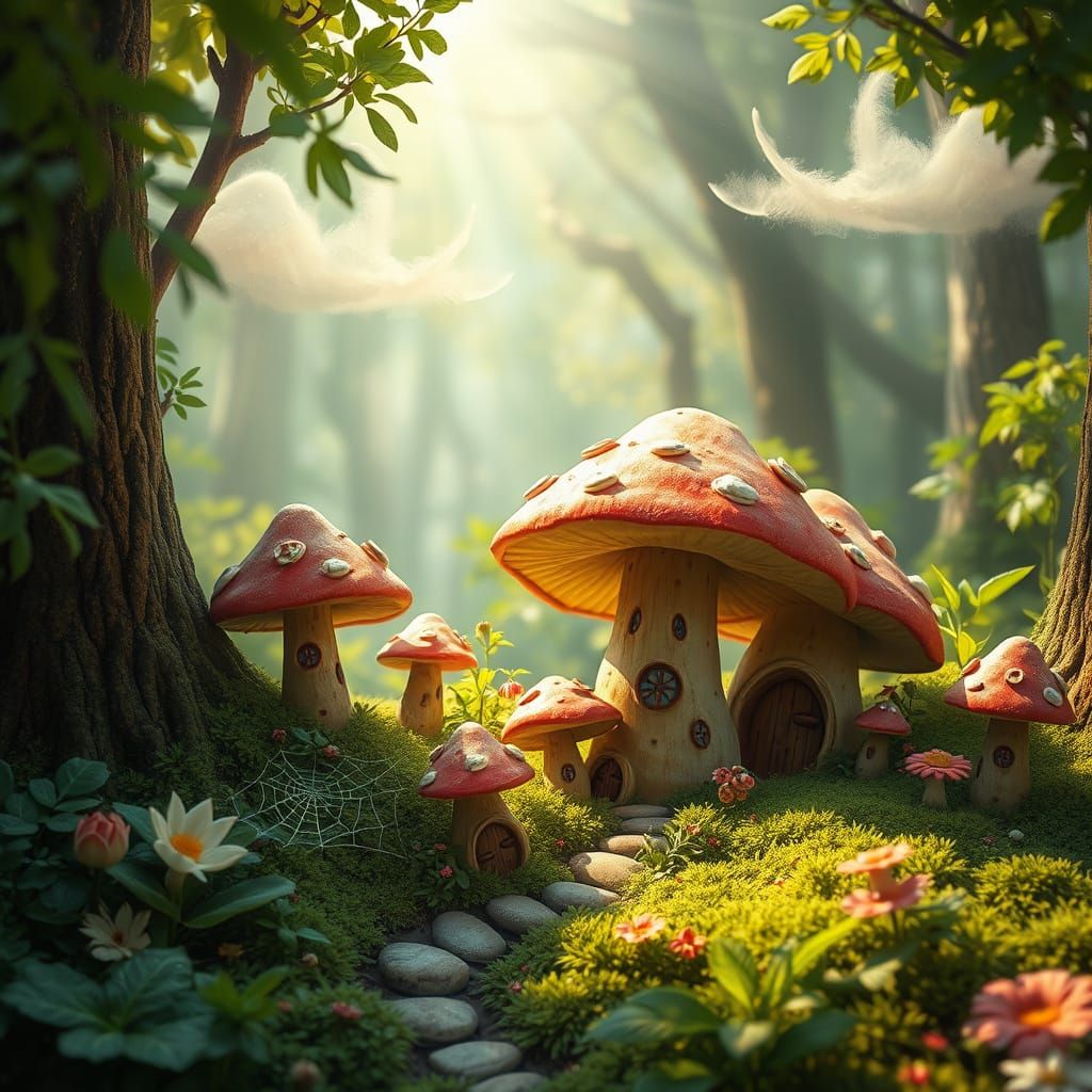 Whimsical Mushroom Villages in Lush Forests