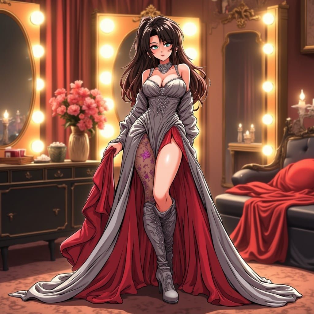 Glamorous Anime Woman in Shimmering Silver Gown with Asymmet...